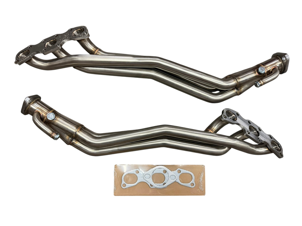 Stainless steel JackSpania Racing long tube headers for Nissan VQ35DE engine in 350Z, 370Z, G35, G37, and Infiniti models.