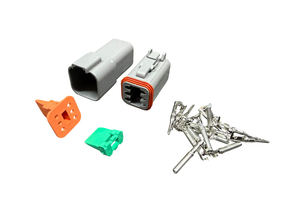 Deutsch DT male and female mating connector kit with pins and sockets, available in 2 to 12-pin configurations, by JackSpania Racing.