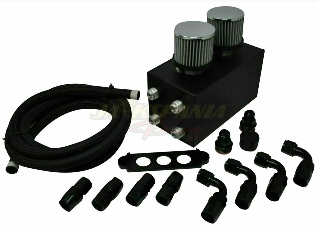 Jack Spania Racing Pro Series oil catch can for Honda Civic and Acura Integra, includes hoses and 4-port design.