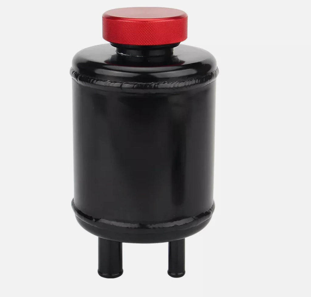 JackSpania Racing billet aluminum power steering tank reservoir with cap and universal bracket, bolt-on suspension part.