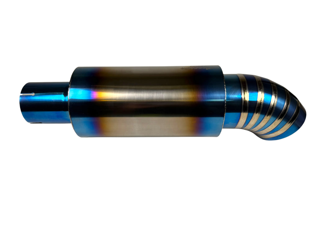 Universal 3-inch burnt titanium pie cut turndown muffler exhaust by JackSpania Racing, showing polished metal with intricate welds.