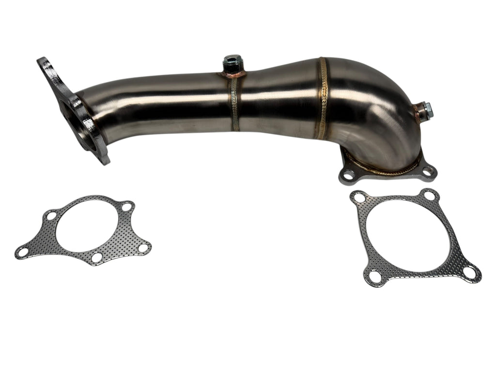 JackSpania Racing high flow exhaust downpipe for Honda Civic Type R FK8, FL5, and Integra Type S DE5, showing polished metal and flange