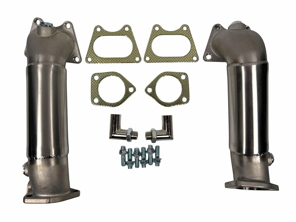 JackSpania Racing Acura TL 2004-2008 primary catless downpipes and test pipes for exhaust system upgrade, shown in the image.