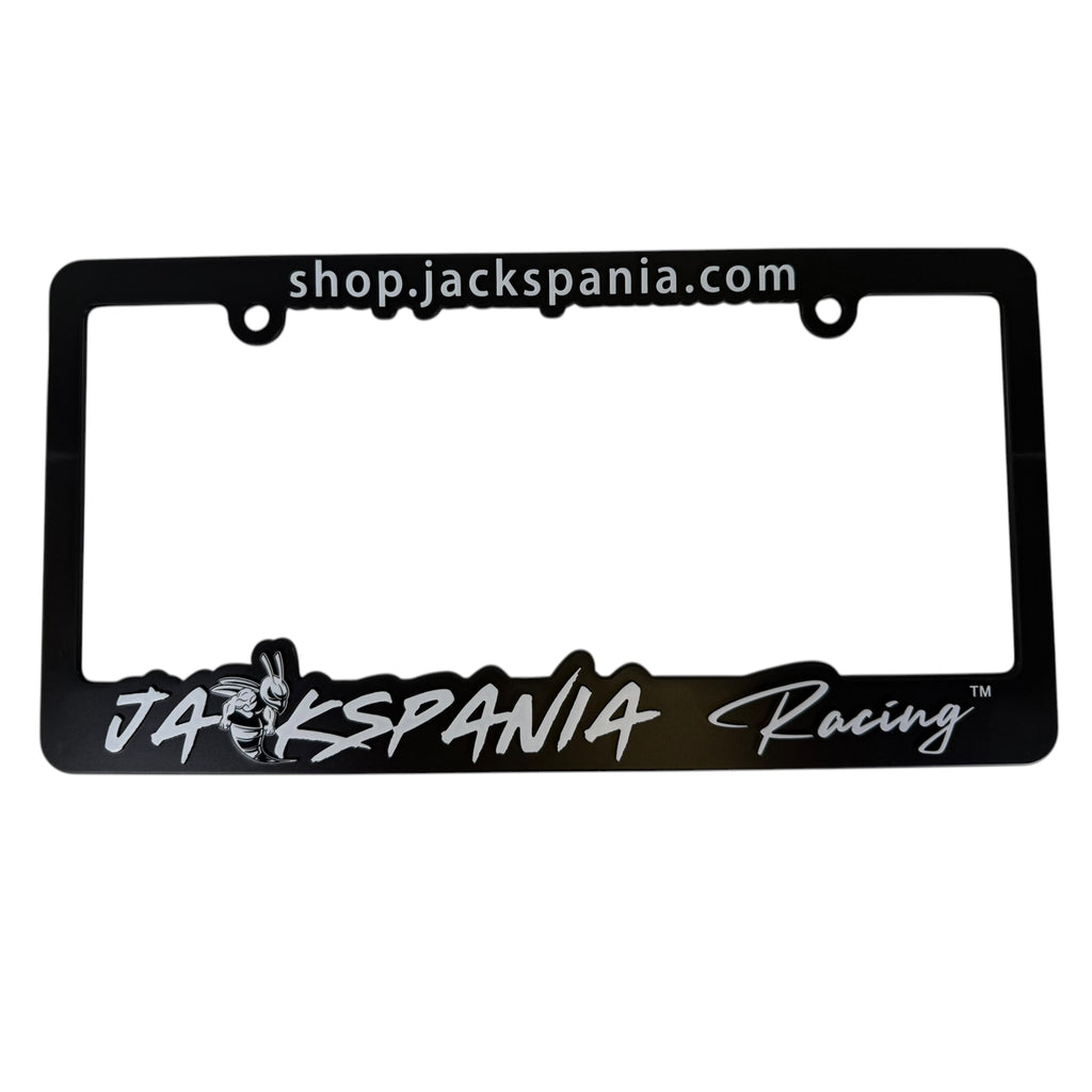 JackSpania Racing license plate cover with engraved logo, black finish, designed for a sleek and sporty appearance.