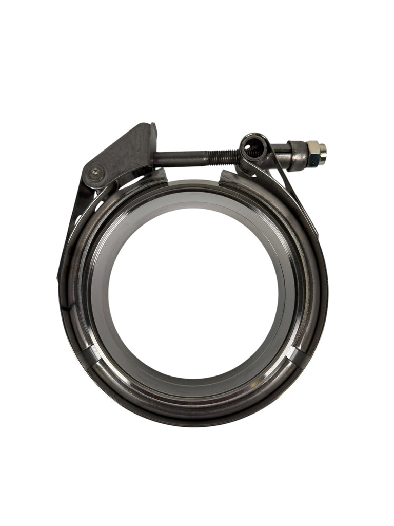 JackSpania Racing stainless steel V-band clamp with male and female flanges for exhaust systems in 2.5 to 4 inch sizes.