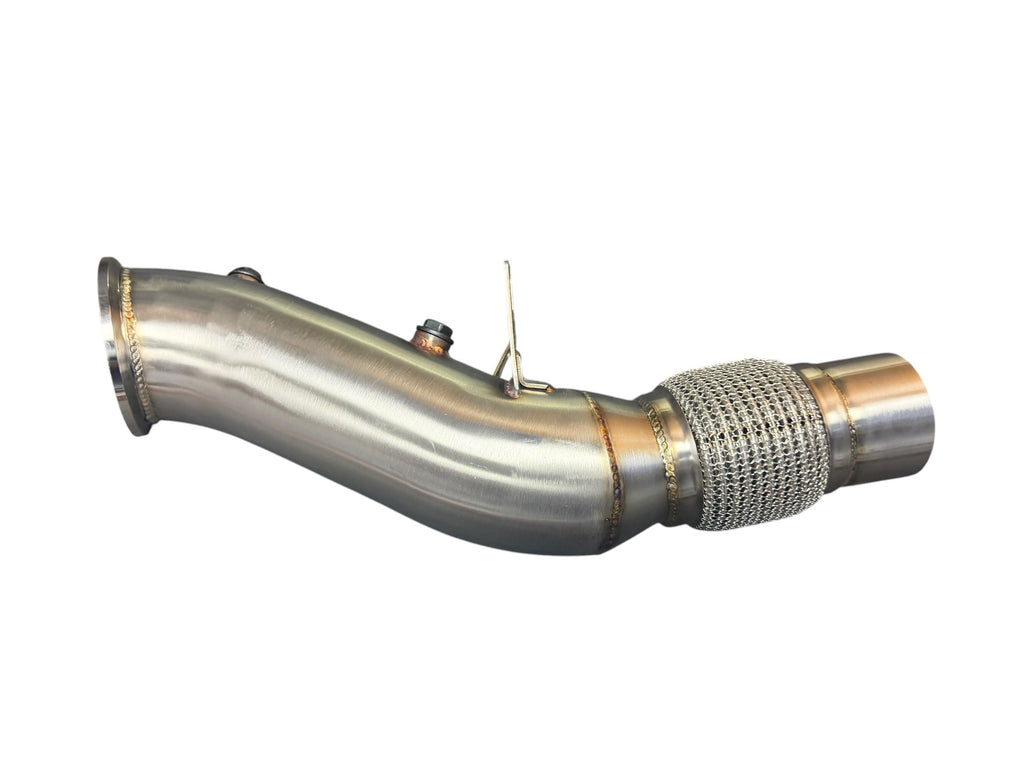 BMW B48 catless performance downpipe by JackSpania Racing for 220i, 330i, 420i, 430i, X1, X2, Z4 models, metal with polished finish