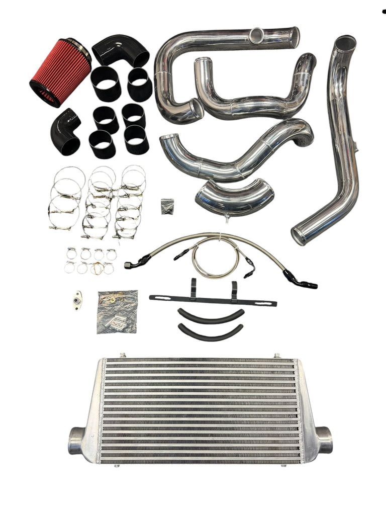 JackSpania Racing turbo cold-side intercooler piping kit for 1999–2013 Silverado Sierra LS, showing heavy-duty metal pipes and connectors