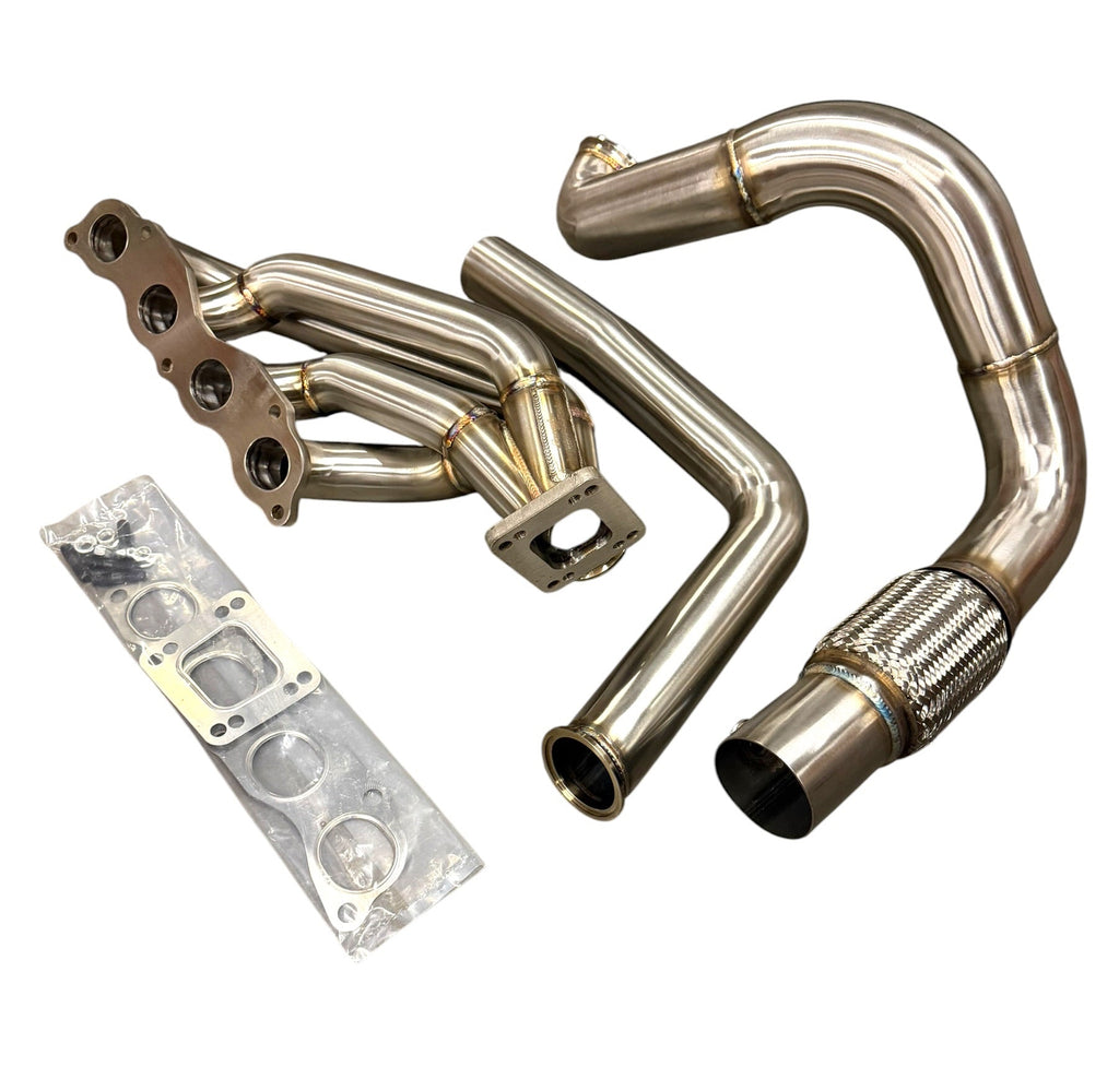JackSpania Racing K Series swap turbo manifold with T3/T4 flange, 3-inch downpipe, 60mm wastegate, and exhaust pipes.