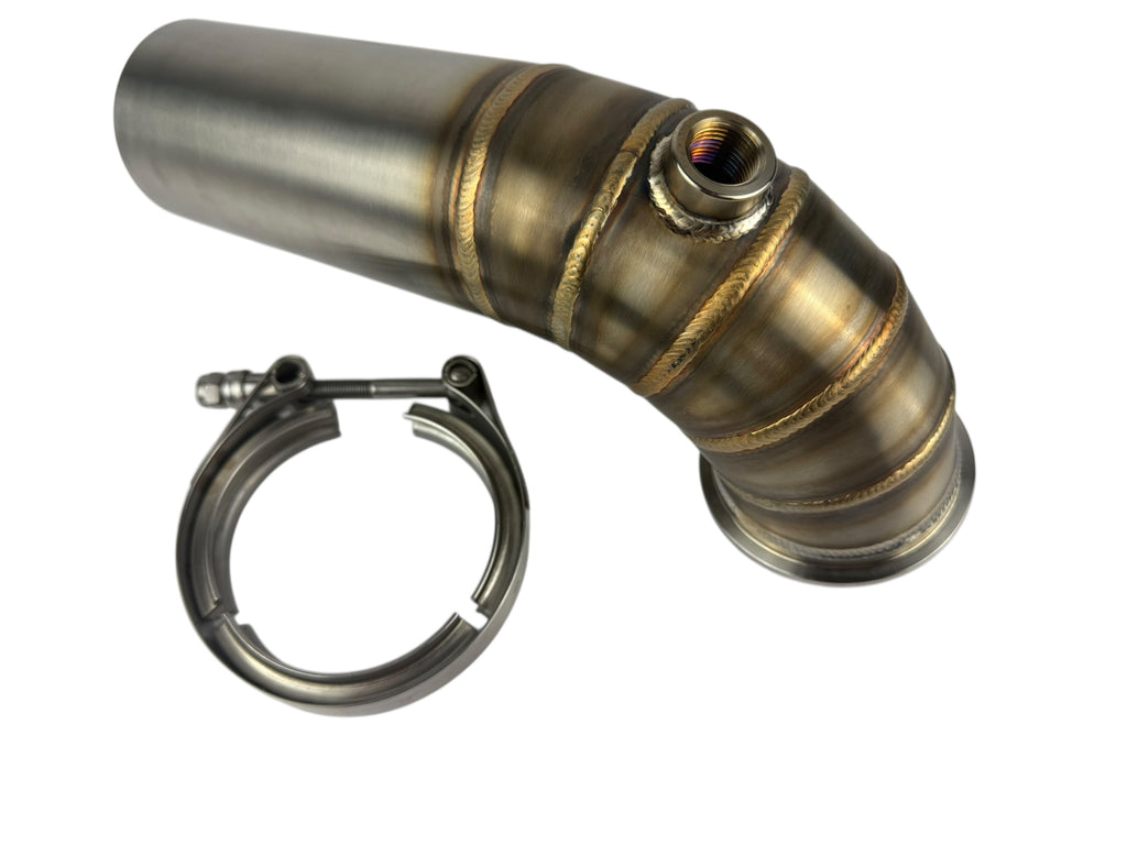 JackSpania Racing 3-inch downpipe with V-band flange, turbo exhaust pipe, and O2 bung for Holset and Borgwarner turbochargers.