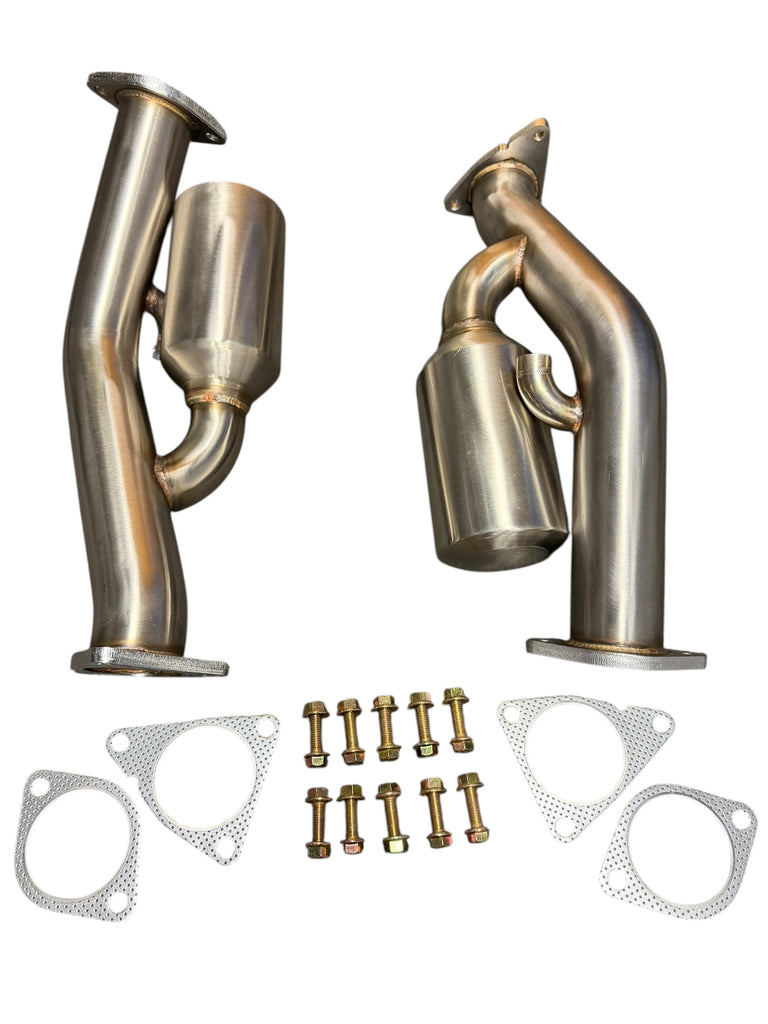 Nissan 350Z/370Z Infiniti G35/G37 resonated catless Helmholtz downpipe exhaust part by JackSpania Racing, showing metal finish and pipe details.