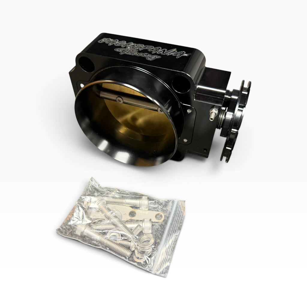 Jack Spania Racing K-Series Mustang 90mm throttle body with 4-inch hose coupling and inlet for engine performance upgrade.