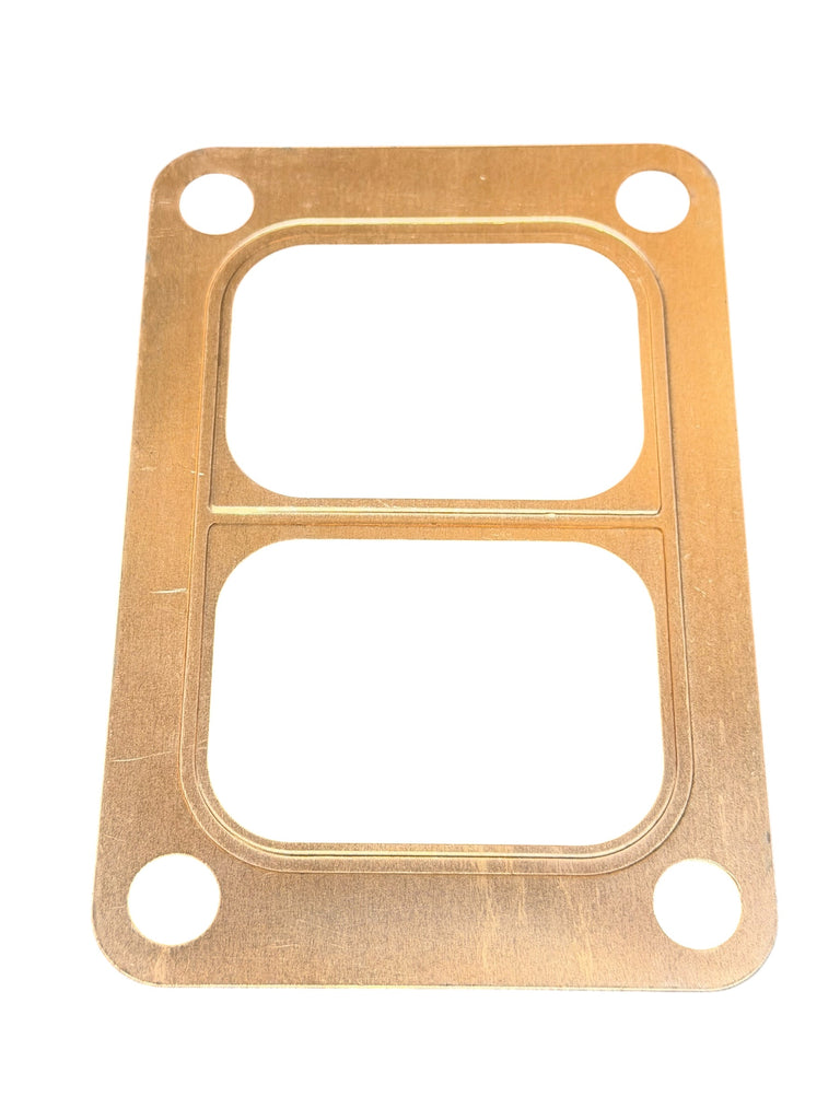 Embossed copper turbo flange gasket for T3, T4, T6 turbochargers, made by JackSpania Racing, shown in a close-up view.