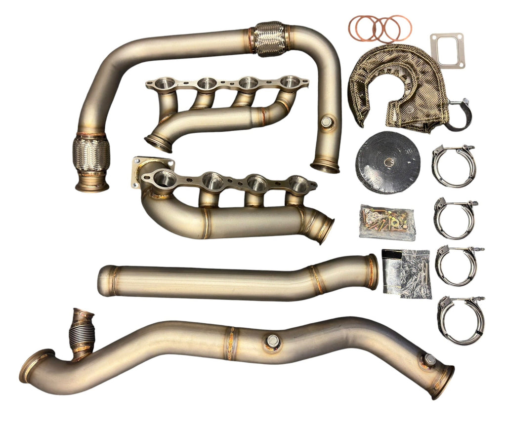 Heavy-duty JackSpania Racing turbo kit for 1999-2013 Chevy Silverado and GMC Sierra LS T4 hot side turbo setup.