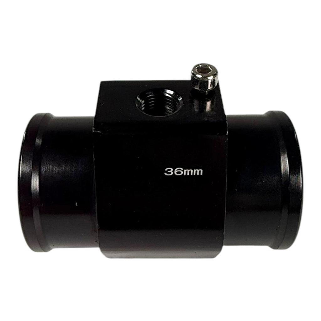 Universal black coolant temperature sensor hose adapter for engine parts, compatible with Jack Spania Racing vehicles.