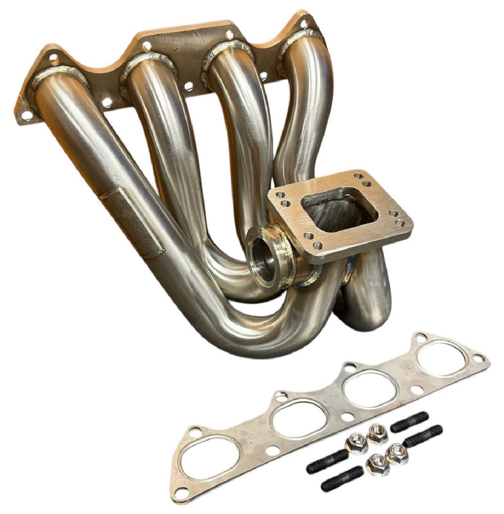 JackSpania Racing B Series T3 T4 top mount turbo manifold for B16 B18 B20 engines, showing the 44mm exhaust ports and polished metal finish.