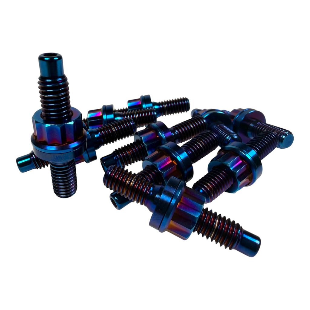 Titanium intake and exhaust manifold stud kit by JackSpania Racing for Honda, Toyota, Nissan, Subaru, Mitsubishi, Mazda, BMW, Audi, and VW engines.