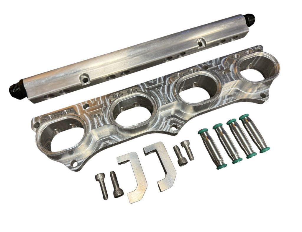 Engine manifold assembly with bolts and tools on a white background