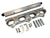 Engine manifold assembly with bolts and tools on a white background