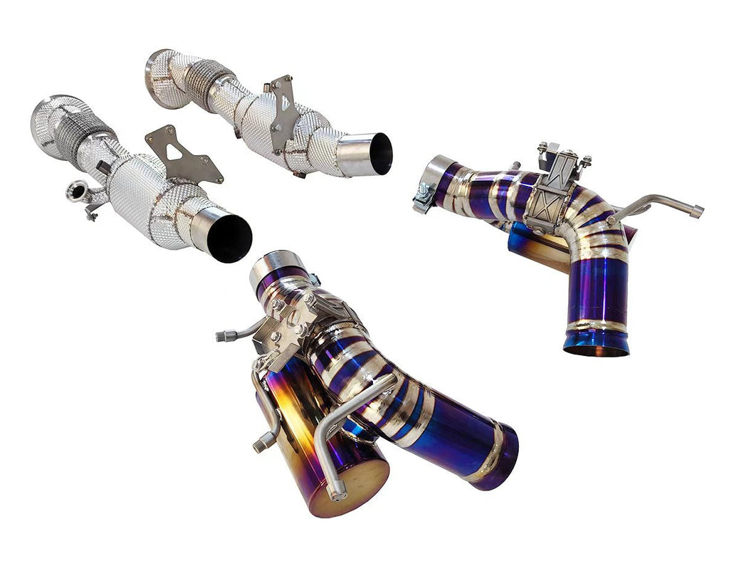 Ferrari 296 GTB Valved Titanium Exhaust System by JackSpania Racing, showing sleek exhaust pipes and high-performance design.