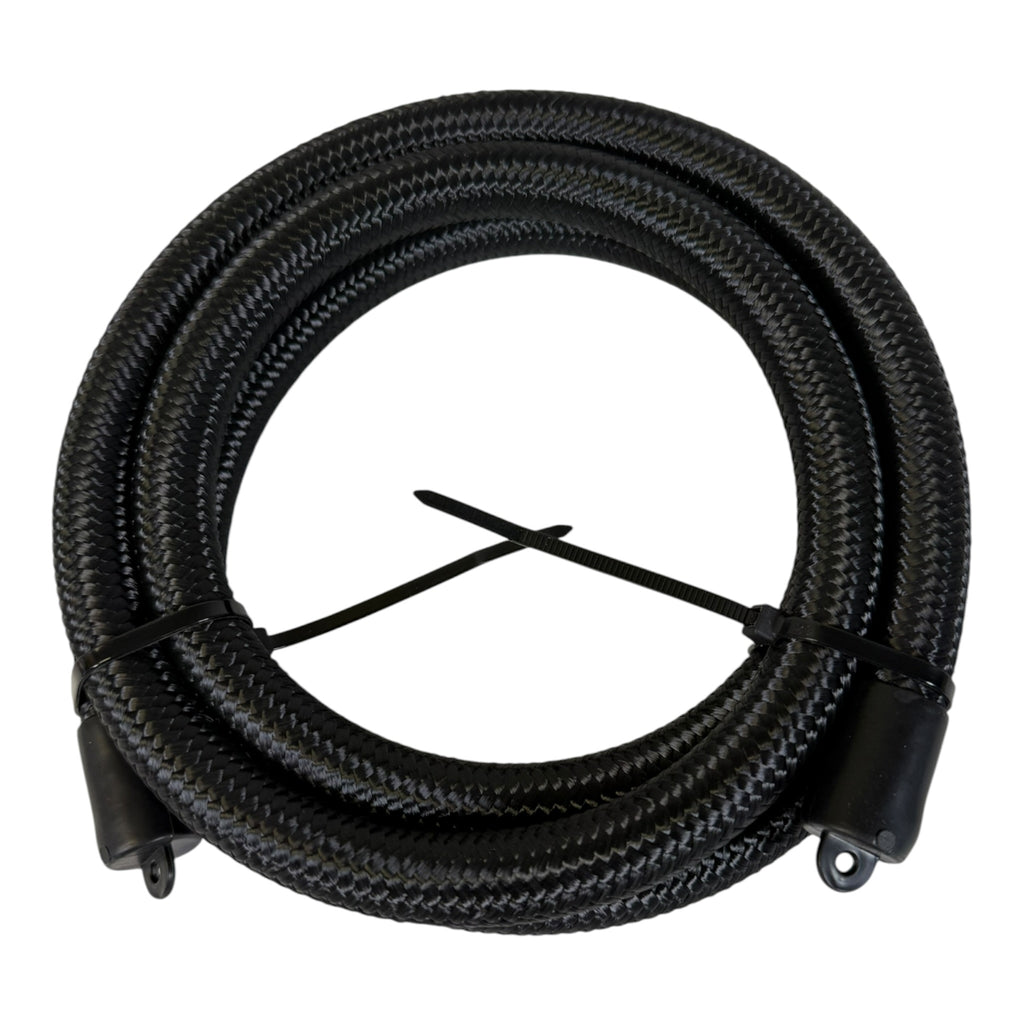 Black braided nylon fuel hose, 8AN 5/8 inch, 6-foot length from JackSpania Racing, suitable for automotive fuel systems.