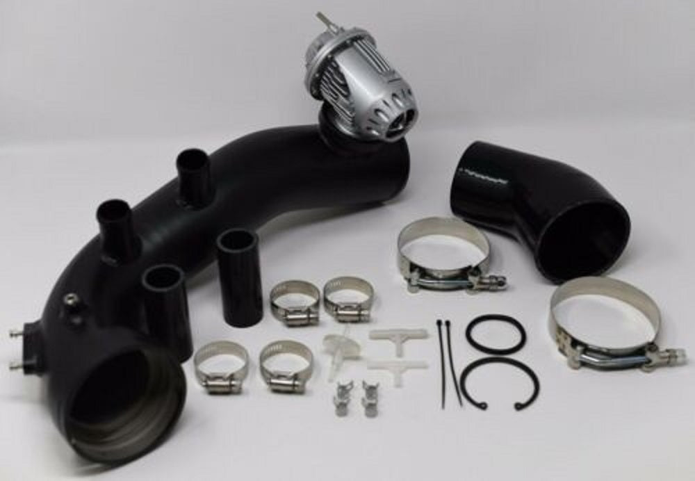 BMW N54 Charge Pipe Kit with SSQV Blow Off Valve by JackSpania Racing, showing the polished metal piping and valve components.
