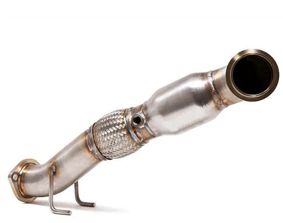 2013+ Ford Focus ST high flow catted downpipe by JackSpania Racing, showing the metallic pipe with catalytic converter and mounting brackets.