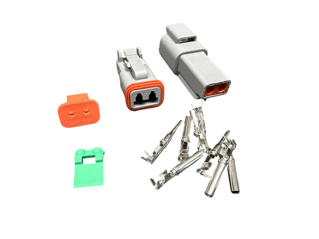 Deutsch DTM male and female mating connector kit with pins and sockets, suitable for automotive and electrical wiring applications.