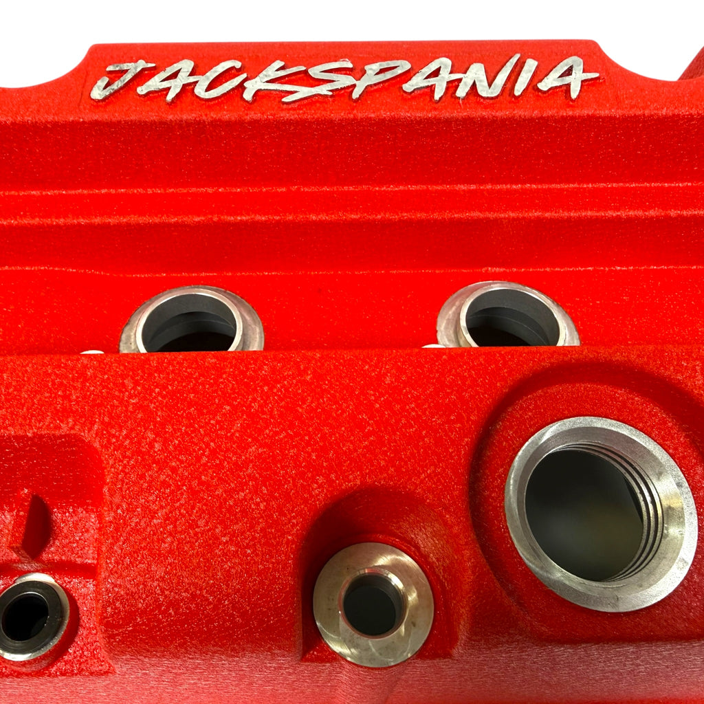 JackSpania Racing cast magnesium K Series vented valve cover baffle for Honda Acura K20 K24 engines, with AN10 fittings.