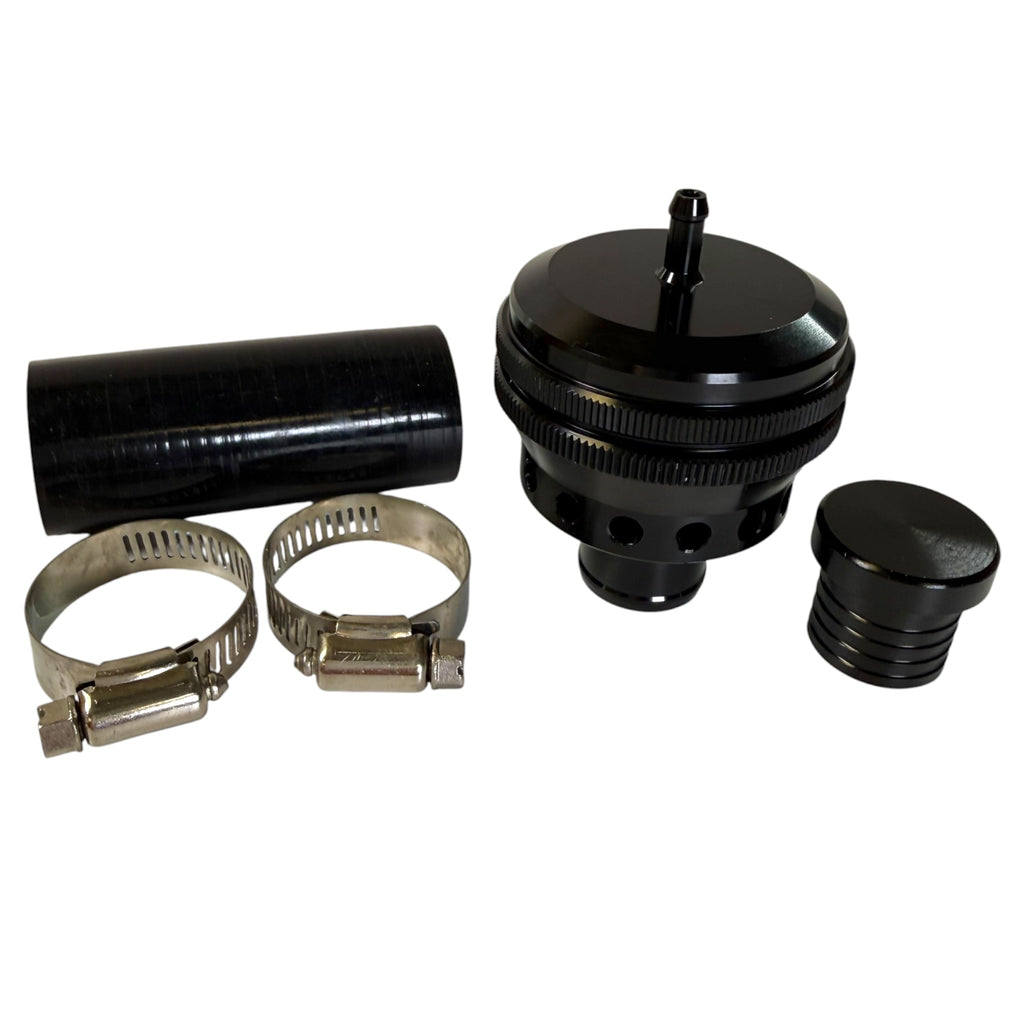 JackSpania Racing dual piston blow off valve for MK4 A4 S4 1.8T 2.7T engines, showing the polished metal BOV with mounting details.