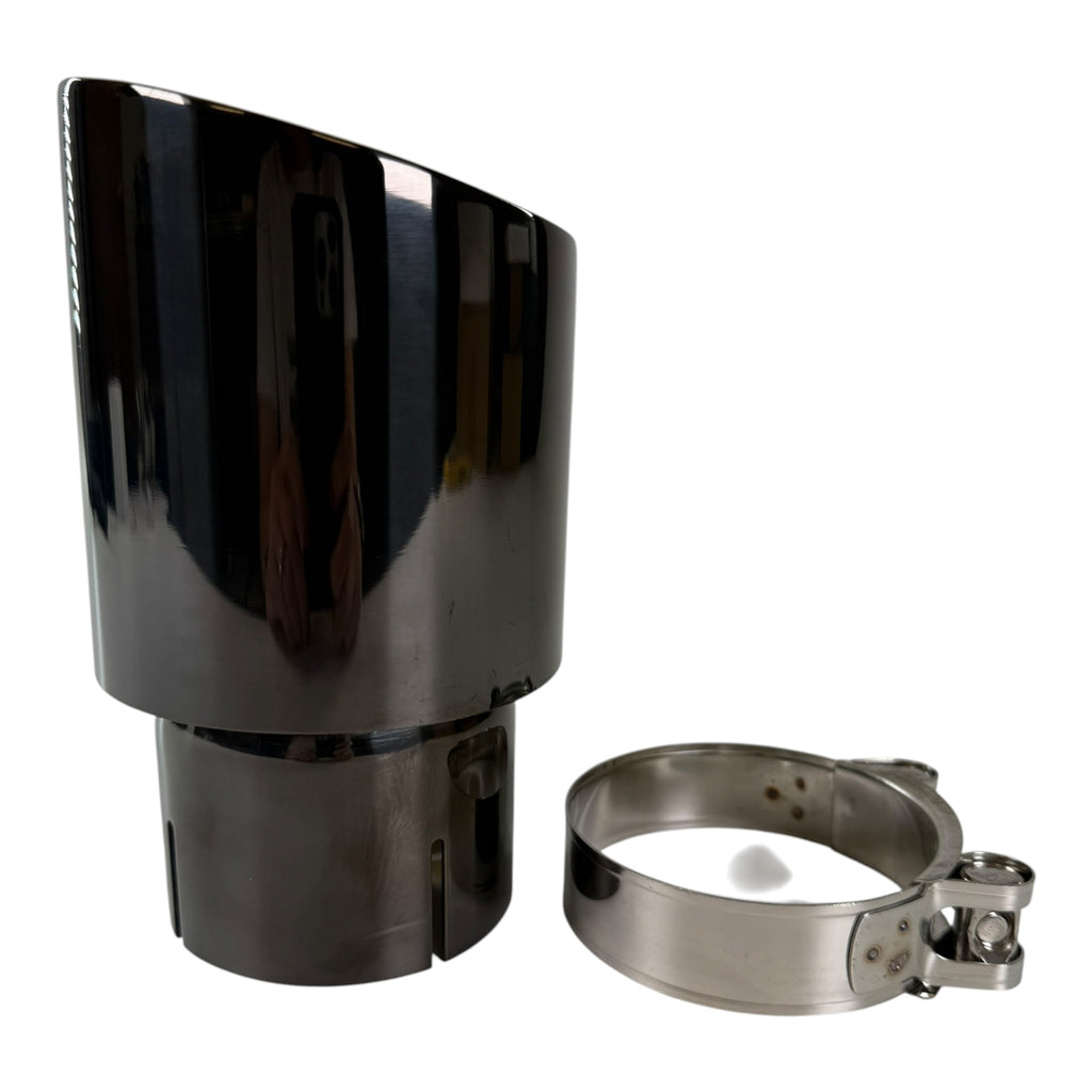 Set of four 114mm quad stainless steel exhaust tips by JackSpania Racing, showcasing polished, high-performance exhaust parts.