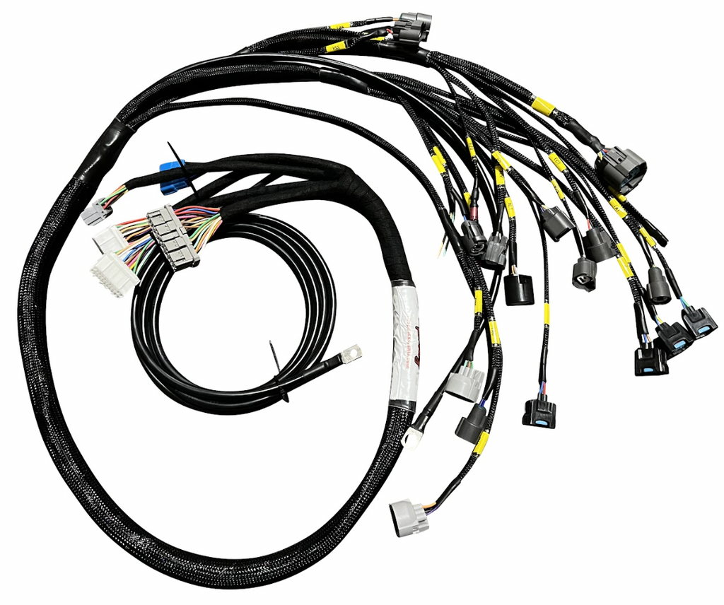 JackSpania Racing B D H F Series Tucked Engine Sub Chassis Harness for OBD2 vehicles, showing detailed wiring and connectors.