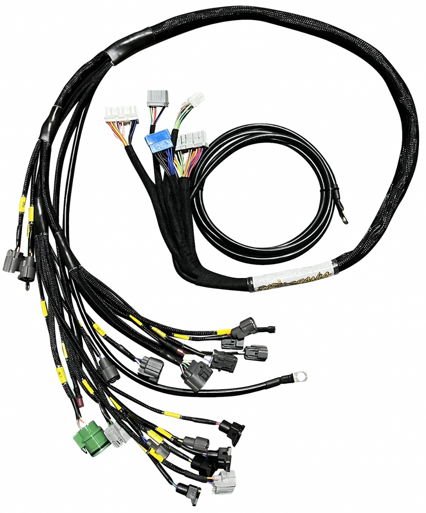 JackSpania Racing B D H F Series Tucked Engine Sub Chassis Harness for OBD1 engine systems, shown on a technical diagram.