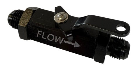 Jack Spania Racing billet AN6 AN10 fuel shut-off valve with cable lever for engine fuel and oil applications.