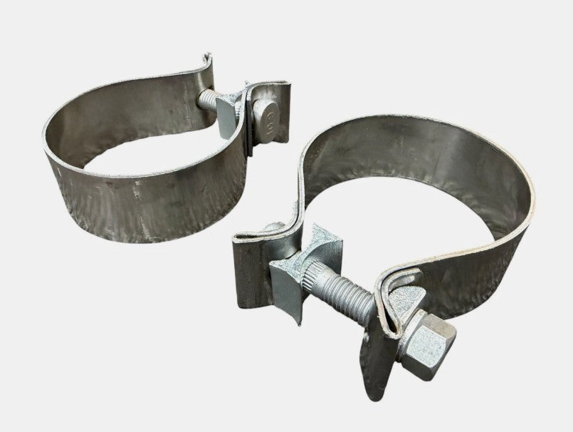 JackSpania Racing stainless steel exhaust pipe clamps in 1.5, 2.5, and 2.75 inches, adjustable for secure sealing and durability.
