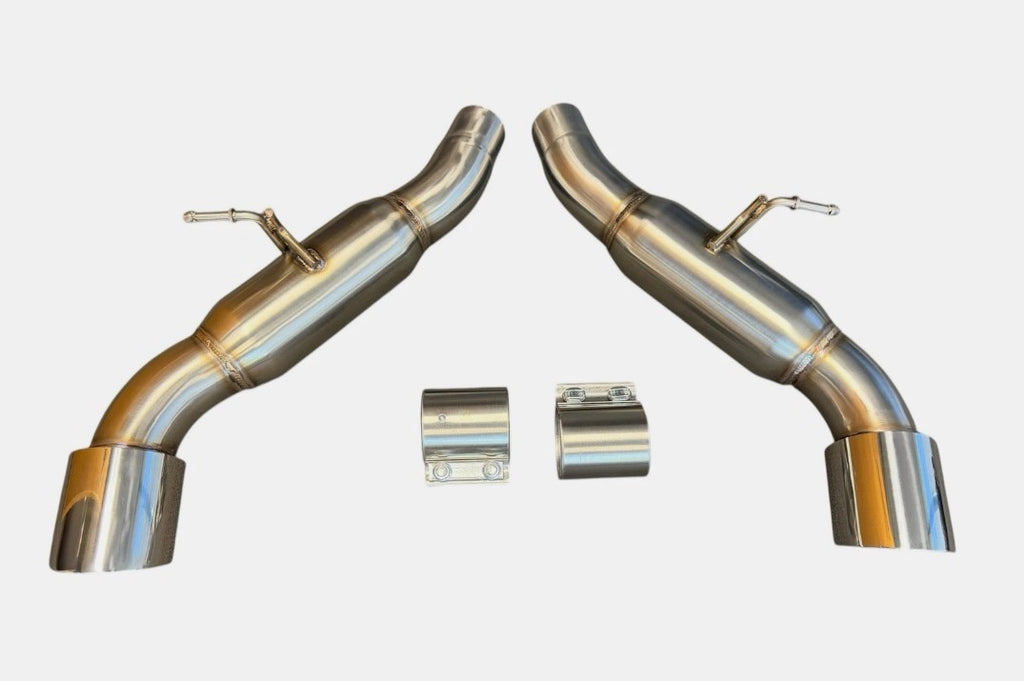 Stainless steel axle back exhaust for Toyota Supra GR A90 by JackSpania Racing, featuring a muffler pipe with polished 304 stainless steel finish.