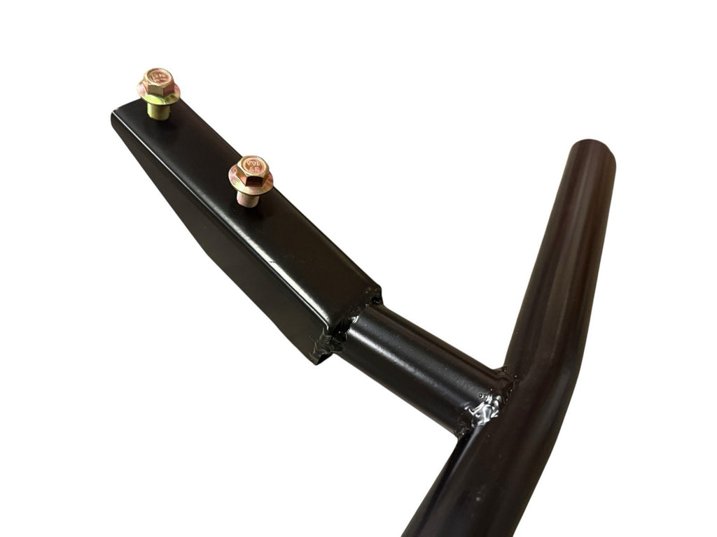 Black metal bracket with bolts on a white background