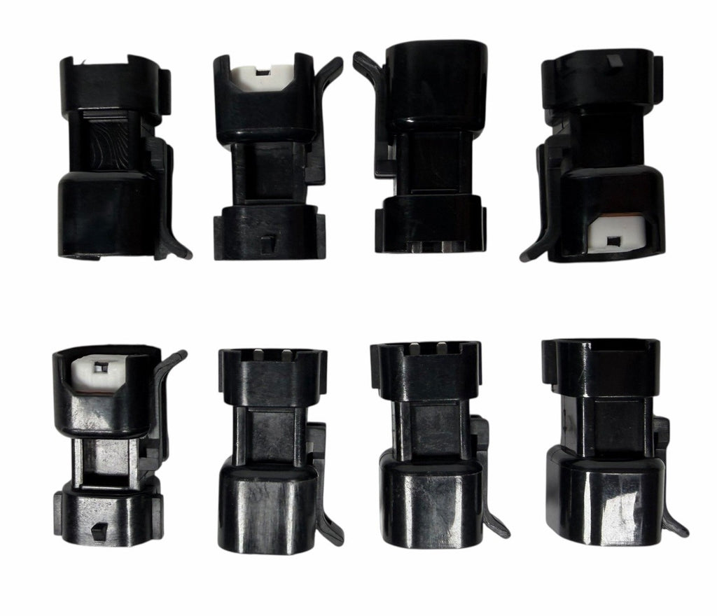 JackSpania Racing USCAR EV6 EV14 fuel injector adapter connector set of 8 for Denso style engine parts, showing detailed connectors.