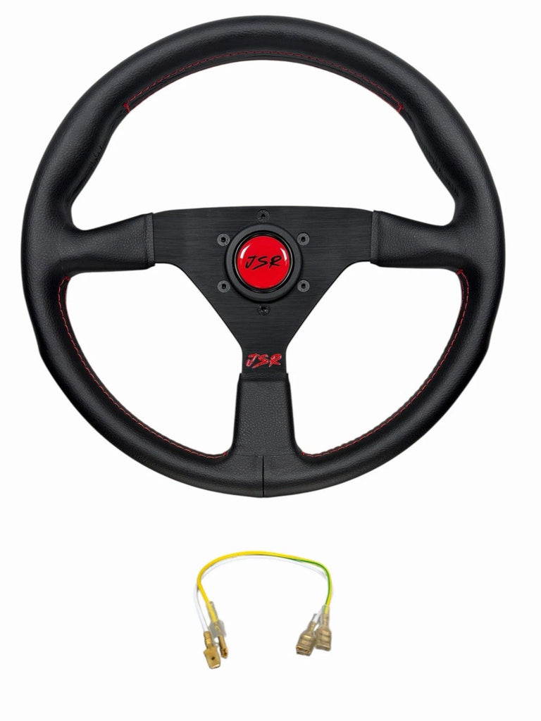 Black Jack Spania Racing 14-inch 3-spoke steering wheel with red stitching, interior racing sport horn, for sporty vehicle upgrades.