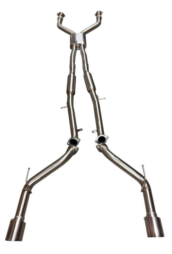 Dual 3-inch cat back exhaust muffler system for 2016-2023 Infiniti Q50 Q60 3.0T RWD by JackSpania Racing, showing polished metal pipes and mufflers.
