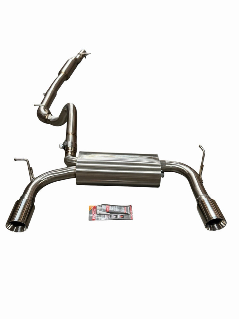 Stainless steel dual tip cat-back exhaust system for 2007-2018 Jeep Wrangler JK by JackSpania Racing, showing polished exhaust tips.