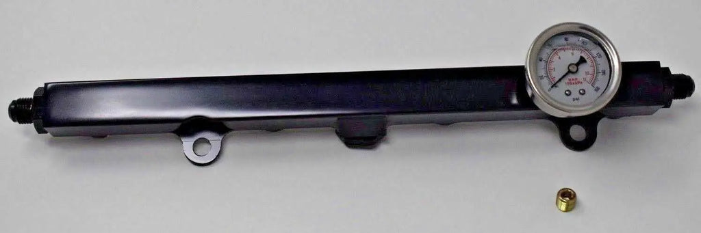 Black high flow fuel rail for Honda/Acura K series engines, compatible with K20, K24, Civic, RSX, and Integra, by Jack Spania Racing.