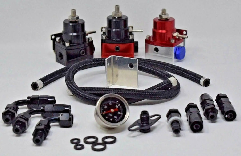 Adjustable EFI fuel pressure regulator kit with 160 PSI gauge, AN6 hose, and fittings for automotive engine performance.