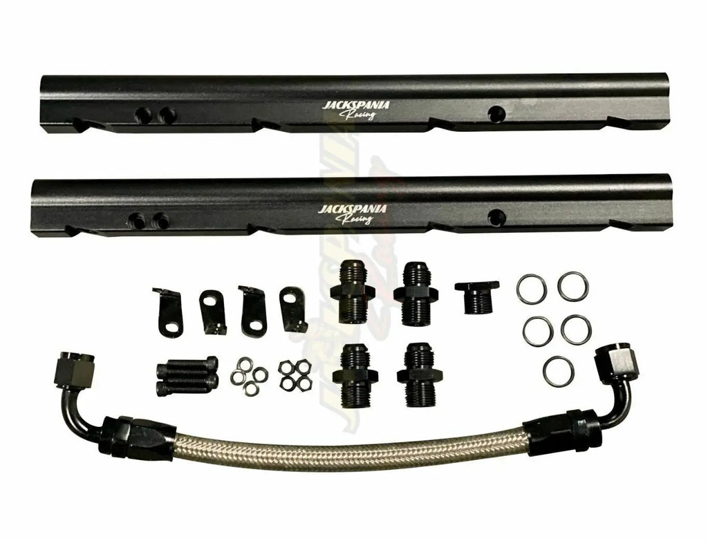 Jack Spania Racing billet OE LS fuel rail kit for GM LS1, LS2, LS6 V8 EFI engines, with AN8 fittings on stock intake manifold