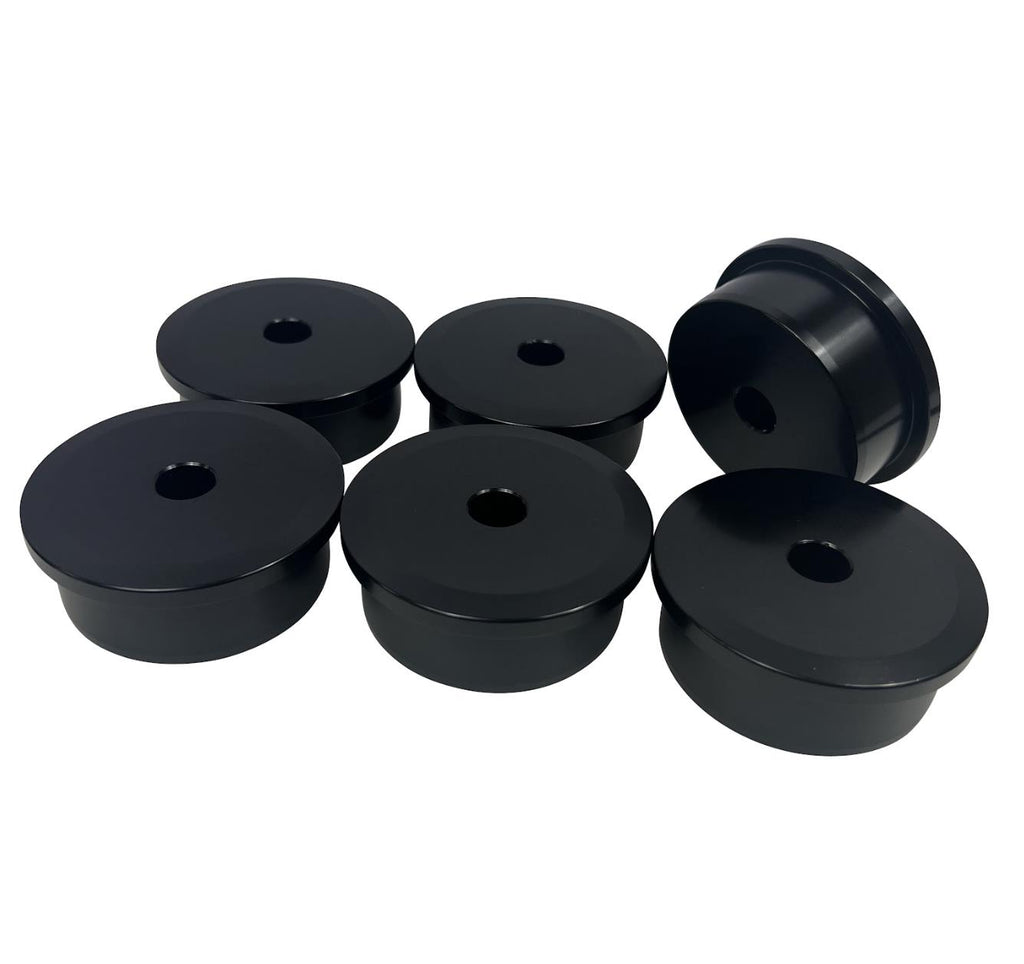 Set of six JackSpania Racing solid billet motor engine mount inserts for Honda Civic and CRV suspension upgrades.
